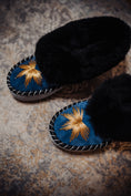 Load image into Gallery viewer, Blue leather sheepskin slippers with black fur and gold embroidery, rubber sole, woollen lining and leather outer
