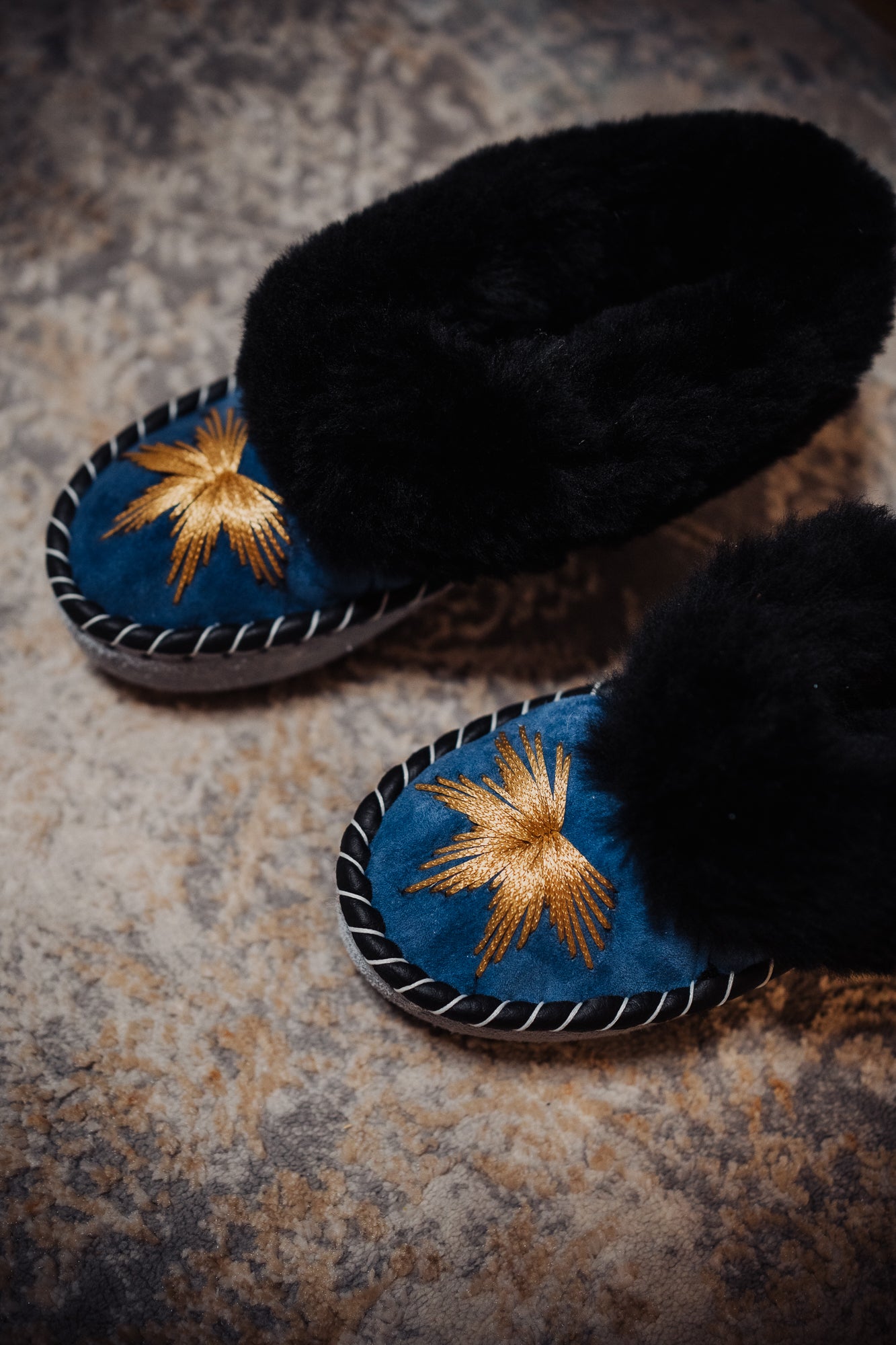 Blue leather sheepskin slippers with black fur and gold embroidery, rubber sole, woollen lining and leather outer