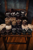 Load image into Gallery viewer, Baby and newborn footwear baby booties in dark brown or black colour wit the sheepskin cuff, Natural leather product
