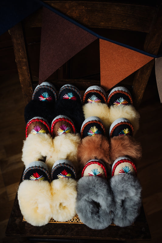 Fashionable assortment of kids' fluffy sheepskin slippers featuring a variety of vibrant colors, adorned with beautiful and colorful embroidery.