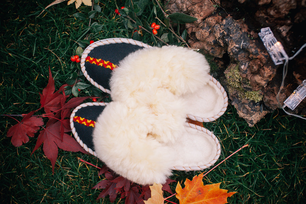 'LUCKY DIP' embroidered sheepskin mules