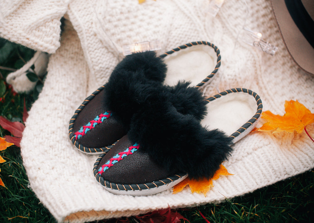 'LUCKY DIP' embroidered sheepskin mules