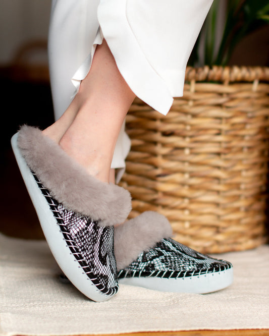 Silver Sheepskin Slip-On Slippers with Leather Sole
