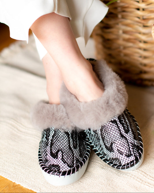 Silver Sheepskin Slip-On Slippers with Leather Sole