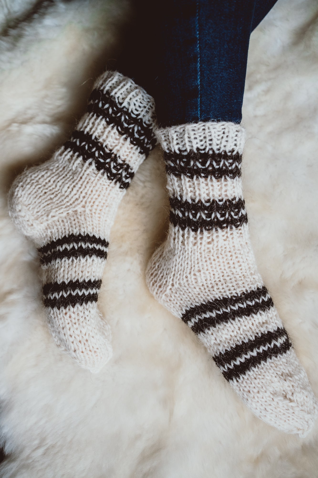 Handmade knitted cream pure wool socks with black stripes
