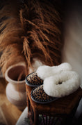 Load image into Gallery viewer, Ladies indoor shoes with leopard print on leather and white fur cuff, 100% natural product
