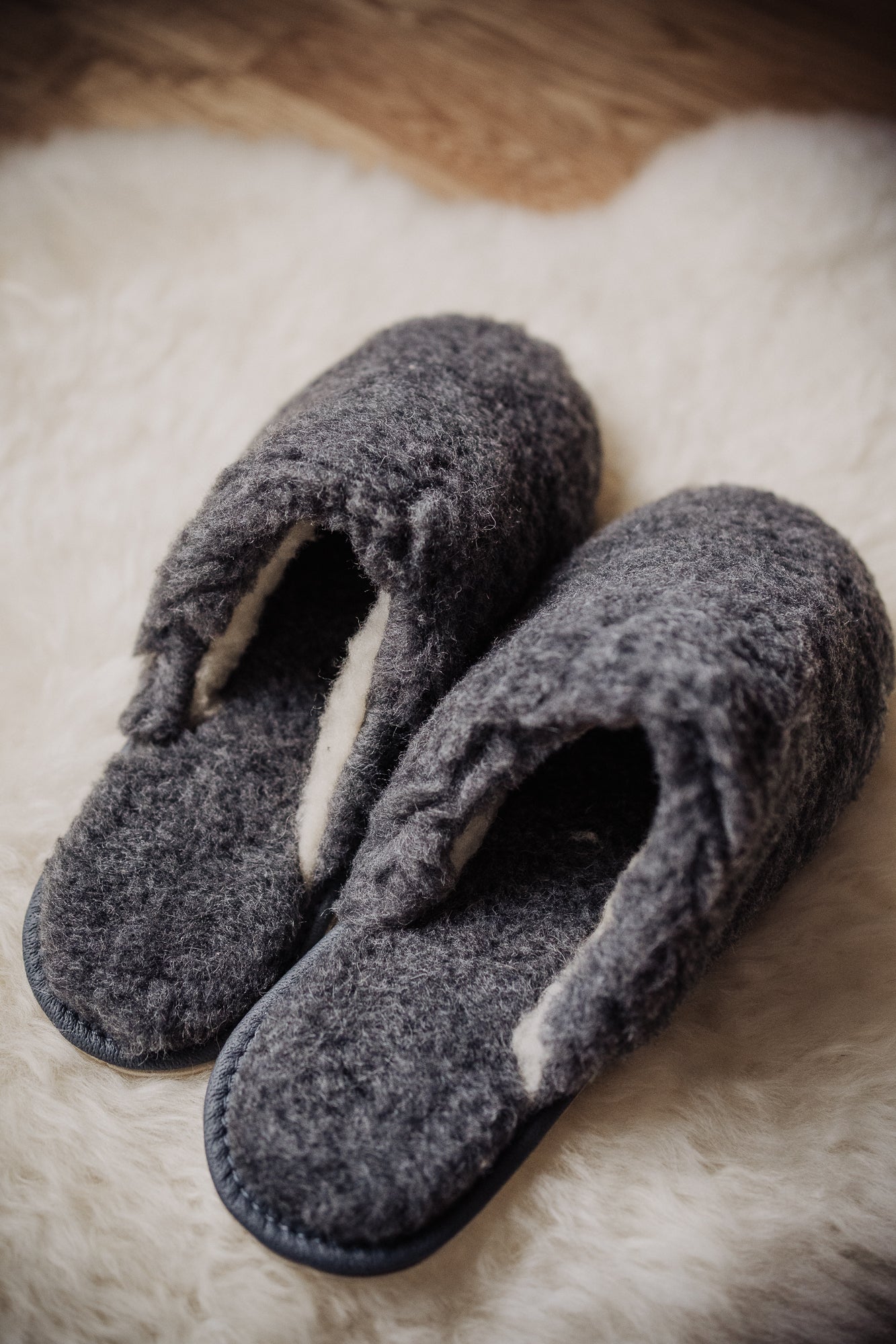 slip-on slippers, grey wool slippers, men's footwear, house shoes, lightweight slippers, natural fibre, rubber sole, comfortable house footwear, warm and cosy, gift for him, bamboshe footwear