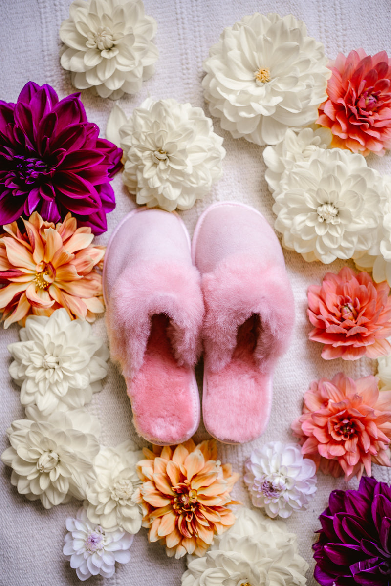 soft pink sheepskin slippers on rubber sole, very comfy and worm, natural fibre, sustainable product, women's footwear, high quality  slip
