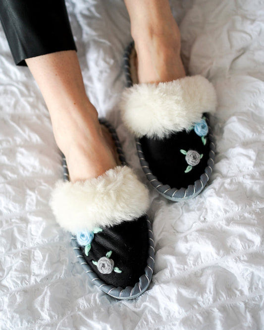slip on sheepskin slippers, handmade leather mules with fur, leather sole, home shoes