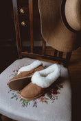 Load image into Gallery viewer, Handmade women's caramel sheepskin slippers, featuring a cozy wool lining.
