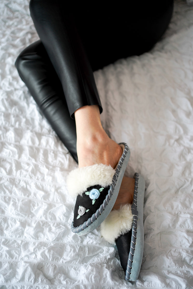 slip on sheepskin slippers, handmade leather mules with fur, leather sole, home shoes