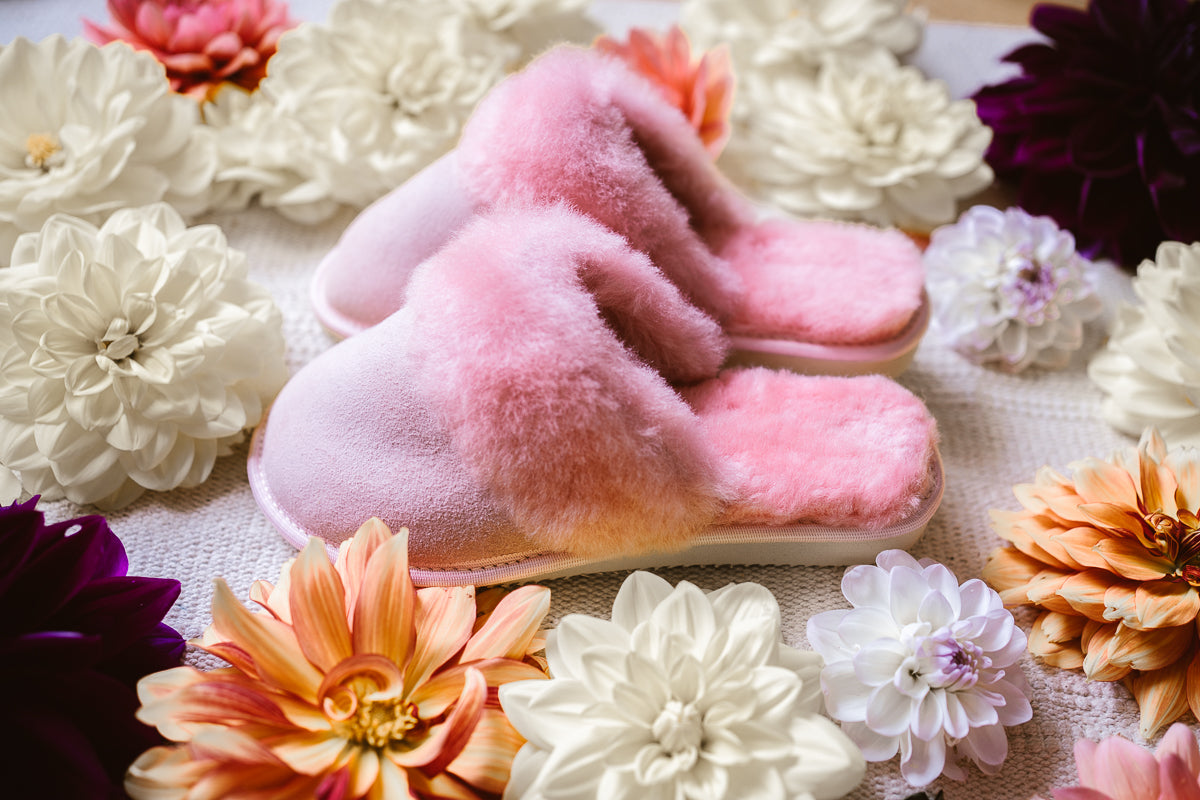 soft pink sheepskin slippers on rubber sole, very comfy and worm, natural fibre, sustainable product, women's footwear, high quality  slip-on shoes